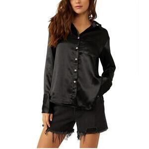 Free People Shooting For the Moon Black Satin Button-Up Long Sleeve Blouse sz M